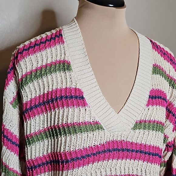 LOFT V-Neck Sweater with Pink, Green, and Cream Stripes Loose Knit Medium - Picture 3 of 8